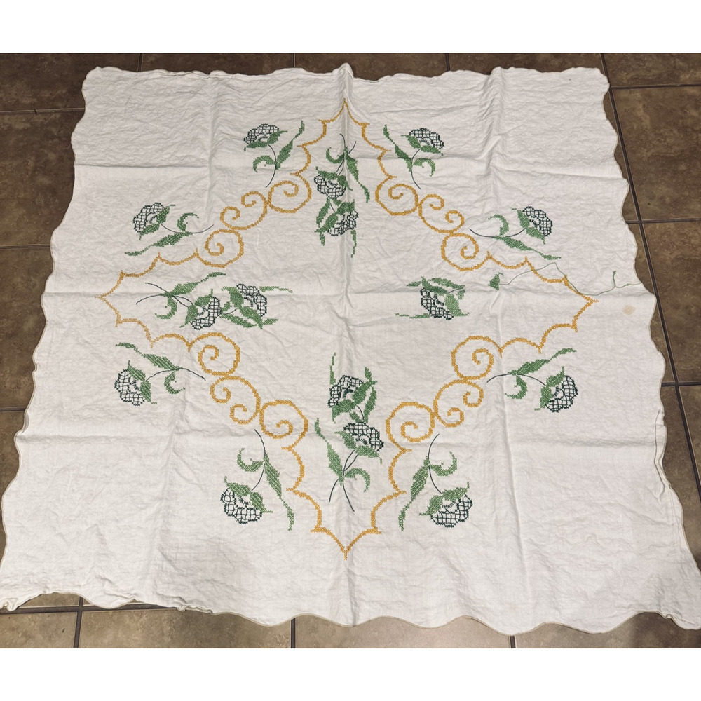 vintage hand embroidered linen tablecloth MCM 46" square topper cross stitch